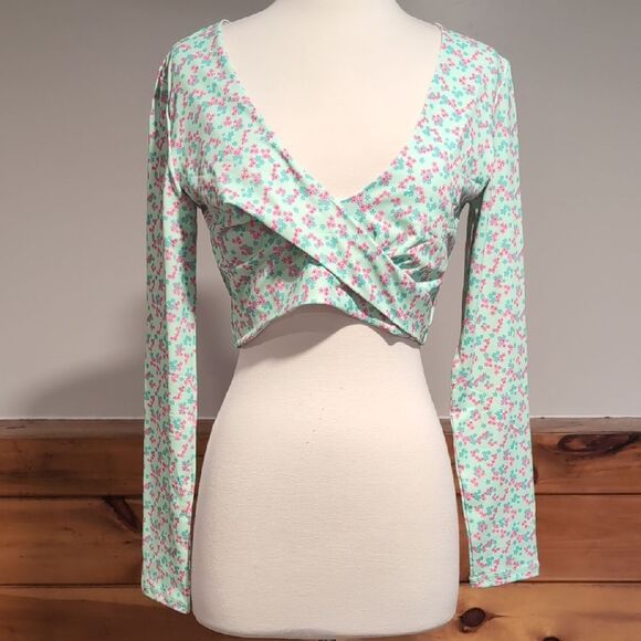 Amazon Pink and Green Wrap Crop Blouse - Picture 1 of 5